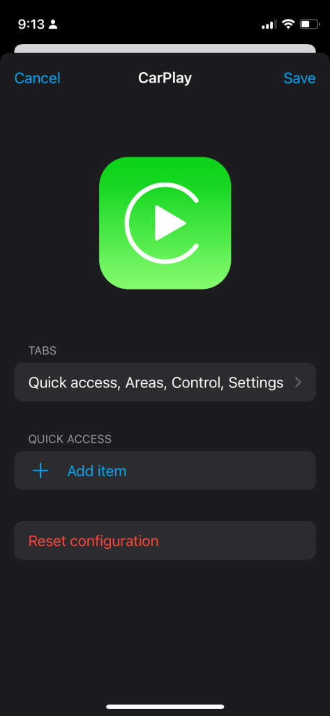 screenshot of the CarPlay screen editor for home assistant