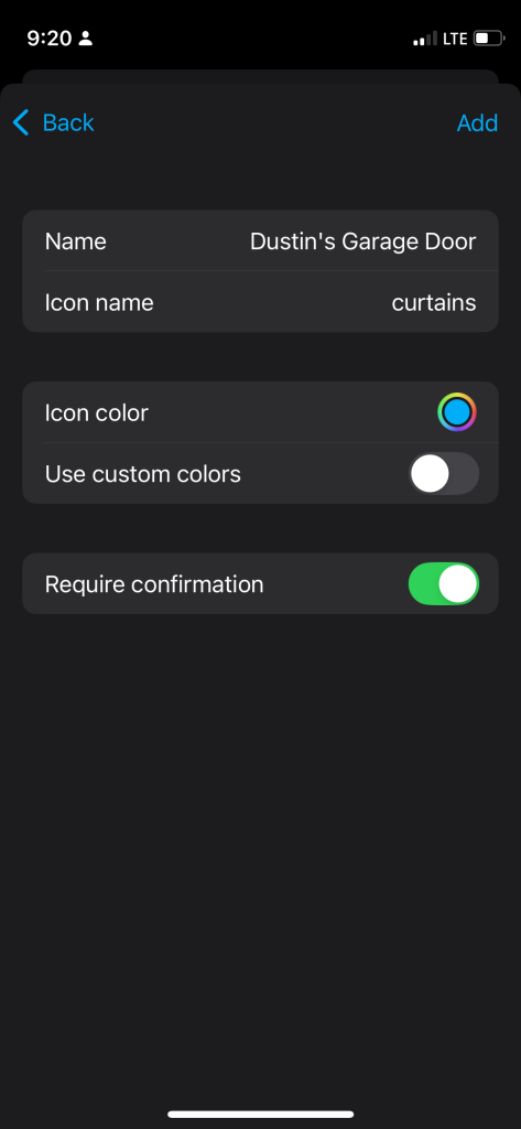 screenshot of iOS companion app showing the name of the item being added. The name of the item is dustin's garage door
