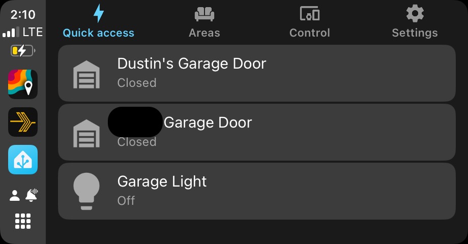 screenshot of CarPlay showing 3 items, two garage doors and one garage light